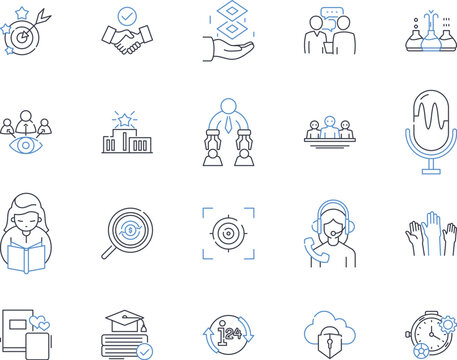 Group studying line icons collection. ollaboration, Education, Communication, Connection, Brainstorming, Focus, Support vector and linear illustration. Teamwork, Learning, Motivation outline signs set