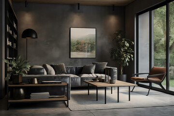 The stylish and modern compostion at living room interior with sofa, wooden table, commode and elegant personal accessories 3d render, generative ai