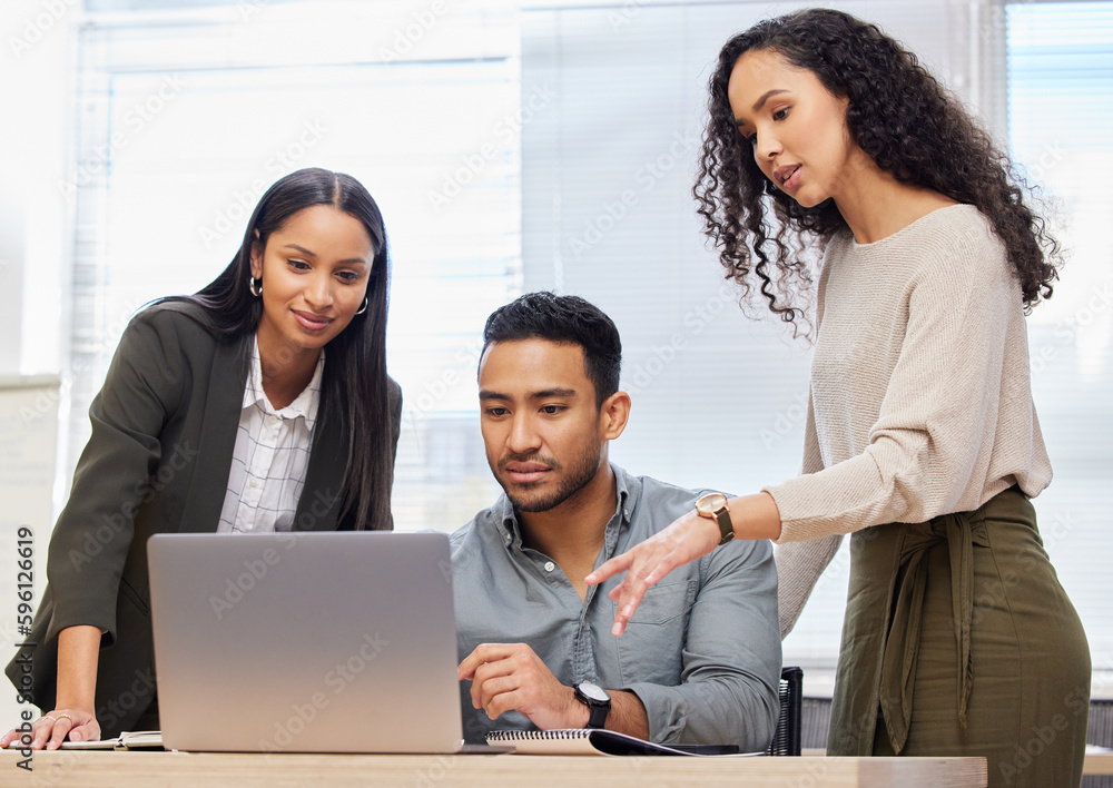 Poster we create the best projects together. a group of businesspeople using a laptop at work.