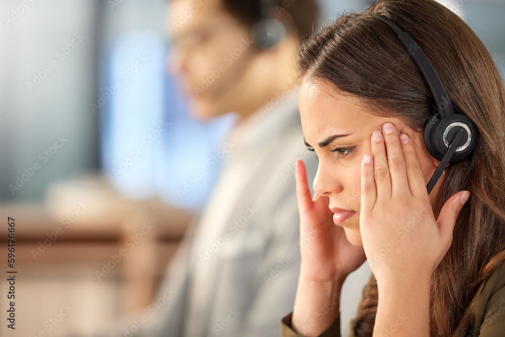 Poster what am i supposed to do in this situation. a young call centre agent looking stressed out while wor