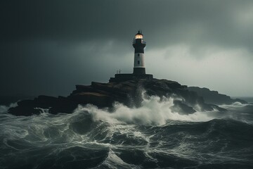 Fototapeta na wymiar Lighthouse in stormy weather, lightning, dark sky, rocks, and water. Generative AI