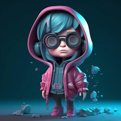 Stylish Cyberpunk Character in 3D Design with Trendy Earphones and Sweaters against Futuristic City Backdrop. generative ai