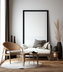 Modern Living Room Design, Minimalist white Concept with Frame Mockup. generative ai