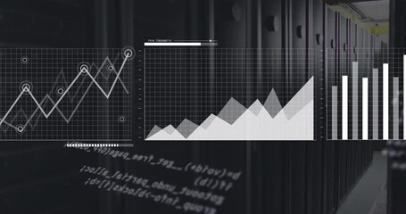 White charts, graphs and processing data over dark computer server room - Powered by Adobe