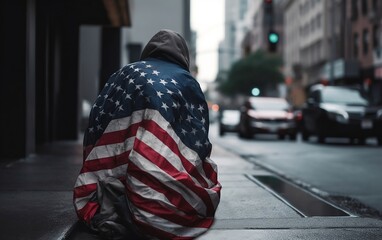 Obraz premium Homeless faceless man begging on sidewalk in the city covered in American flag created with Generative AI technology