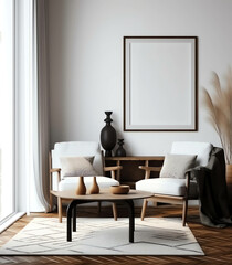Clean and Contemporary, A 3D Render of a Minimalist Living Room with Scandinavian Influences With Frame Mockup. generative ai