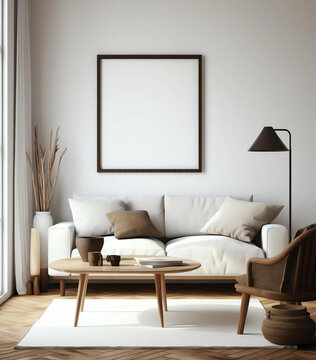 Clean and Contemporary, A 3D Render of a Minimalist Living Room with Scandinavian Influences With Frame Mockup. generative ai