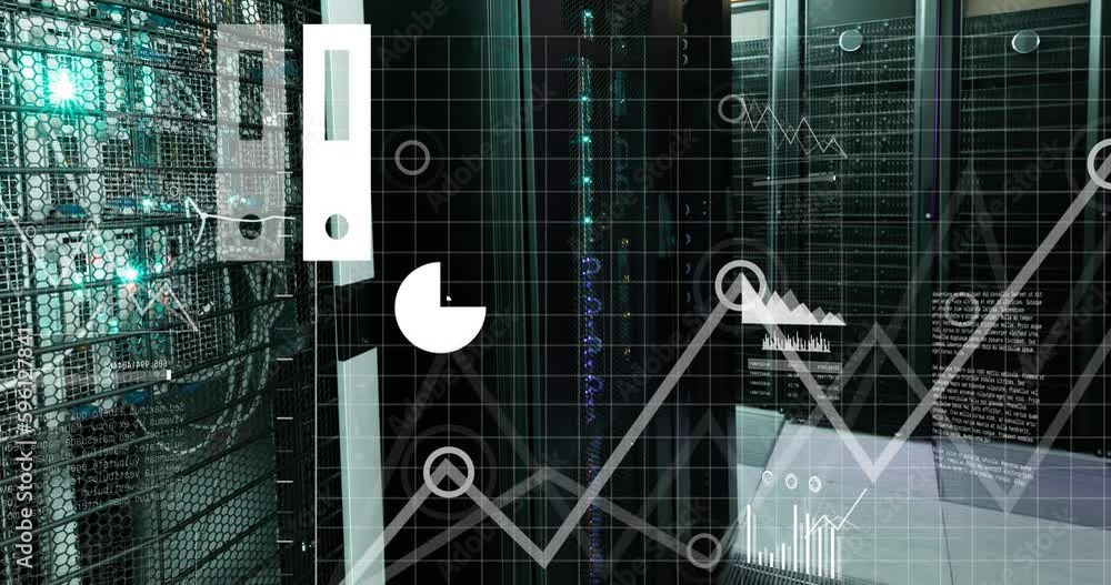 Aufkleber cloud icon with charts and graphs processing data over glowing servers in dark computer server room