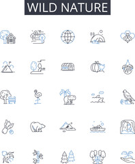 Wild nature line icons collection. Incredible beauty, Vast landscapes, Untamed wilderness, Endless horizons, Majestic mountains, Exotic paradise, Serene gardens vector and linear illustration