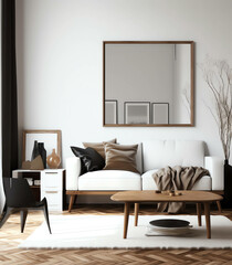Fototapeta na wymiar A Contemporary Twist, Scandinavian Minimalism in a 3D Living Room Interior,with frame mockup