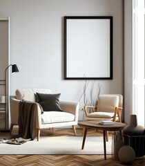 A Contemporary Twist, Scandinavian Minimalism in a 3D Living Room Interior,with frame mockup