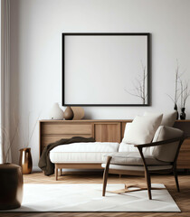 Minimalist and Modern Interior Living Room with Mockup frame and soft sofa color, generative ai