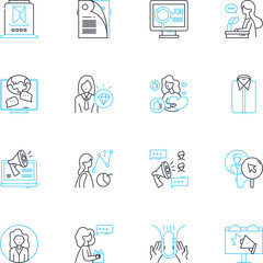 Marketing communication linear icons set. Advertising, Branding, Campaigns, Content, Copywriting, Design, Engagement line vector and concept signs. Influencers,Interactive,Messaging outline