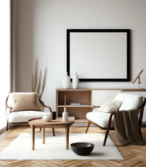 Minimalist and Modern Interior Living Room with Mockup frame and soft sofa color, generative ai