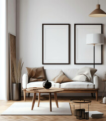 Minimalist and Modern Interior Living Room with Mockup frame and soft sofa color, generative ai