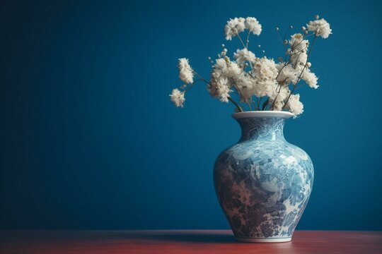 Vase with blue and white flowers on blue table beside blue wall. Generative AI