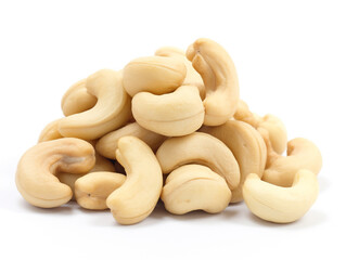 A pile of cashew nuts on a white background