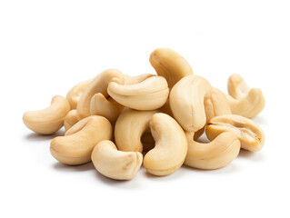 A pile of cashew nuts on a white background