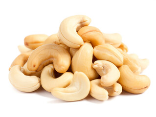 A pile of cashew nuts on a white background