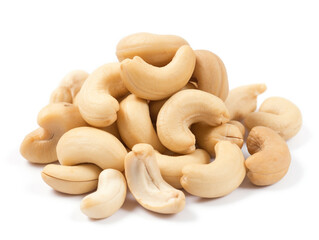 A pile of cashew nuts on a white background