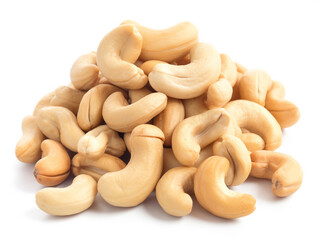 A pile of cashew nuts on a white background