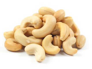 A pile of cashew nuts on a white background