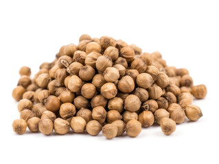 A pile of brown seeds with a green leaf on top.