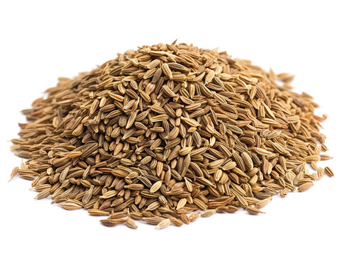 A pile of cumin seeds sits on a white surface.