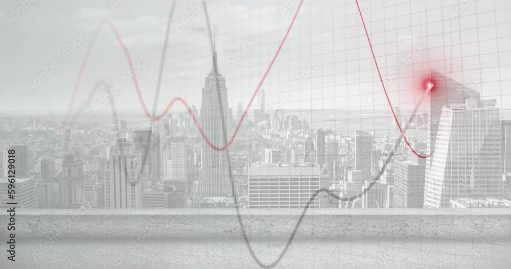 Aufkleber glowing red and grey graphs processing data over modern cityscape background