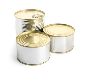 Tin cans with fish isolated on white background
