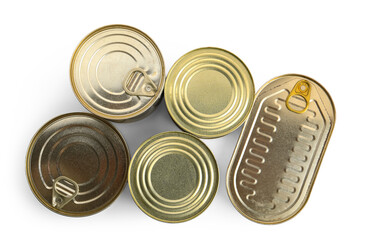 Tin cans with fish isolated on white background