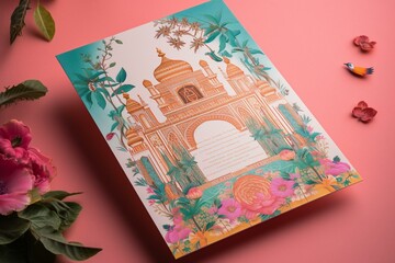Invitation card design featuring Mughal elements like arches, peacock, and tropical trees with colorful flowers on pink background. Perfect for weddings. Generative AI