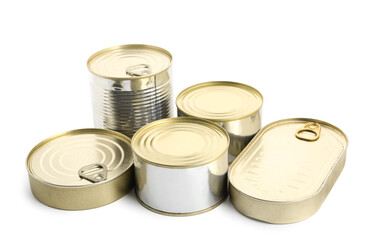 Tin cans with fish isolated on white background