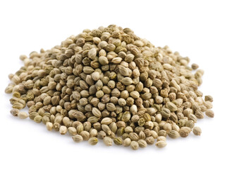 A pile of hemp seeds on a white background