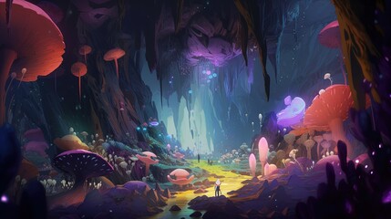 person lost in magical cave, digital art illustration, Generative AI