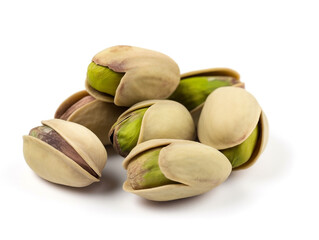 A pile of pistachios on a white background