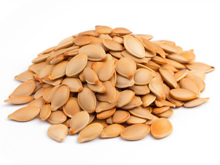 A pile of pumpkin seeds on a white background