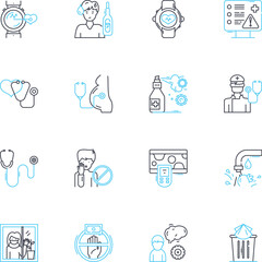 Outbreak linear icons set. Epidemic, Contagion, Infected, Quarantine, Pandemic, Spread, Vaccine line vector and concept signs. Isolation,Virus,Health outline illustrations