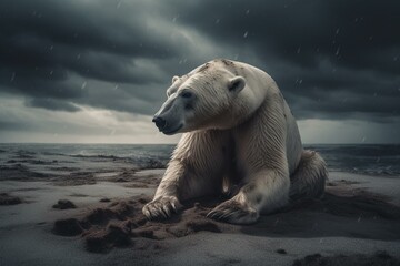 Obraz na płótnie Canvas A polar bear stranded on the final landmass due to climate change. Generative AI