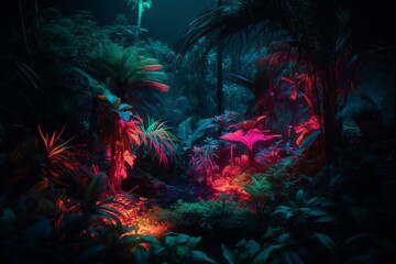 Fototapeta na wymiar Colorful tropical forest at dusk glowing with fluorescent neon style illumination. Generative AI