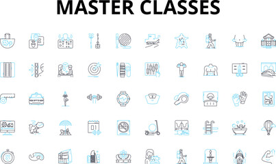 Master Classes linear icons set. Insider, Experts, Coach, Mentor, Specialist, Authority, Instructor vector symbols and line concept signs. Guru,Professional,Trainer illustration