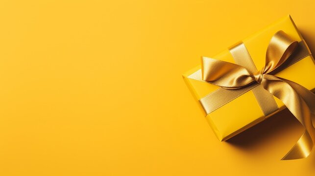Golden ribbon gift box on yellow background, copy space, birthday/Christmas present, flat lay, top view concept. generative ai
