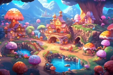 Obraz na płótnie Canvas Beautiful Brilliance: Colorful Plants and Playful Characters in a Fantasy Village - Generative AI 