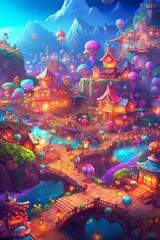 Obraz na płótnie Canvas Playful Designs: Blurred Elements and Vibrant Colors in a Fantasy Village - Generative AI 