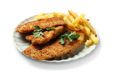 Plate of tasty fried codfish with french fries on white background