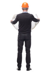 back view of handsome business man in orange builder's helmet