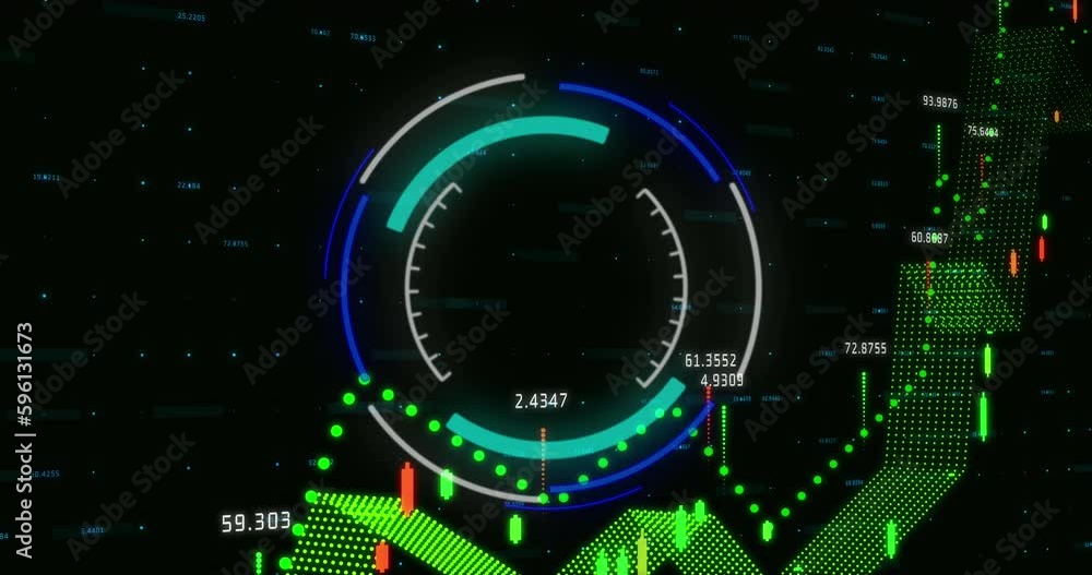 Aufkleber glowing green graph, processing data and blue data loading icon on black background