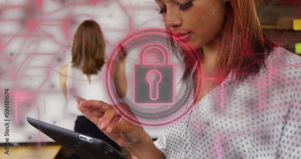 Poster Animation of padlock in circles and navigation pattern over biracial woman using tablet