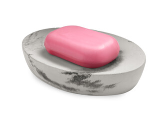 Holder with soap bar on white background