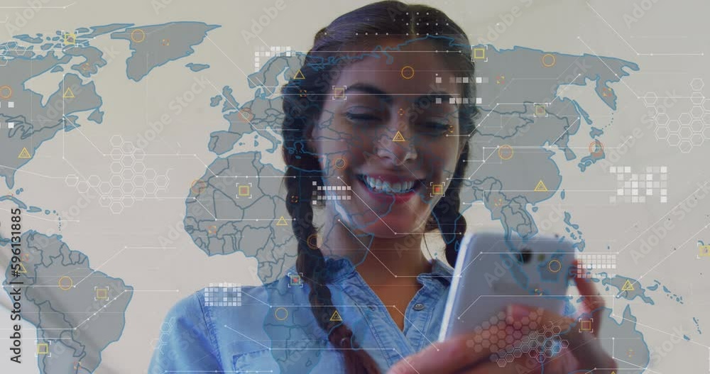 Poster animation of geometric shapes on map over low angle view of smiling biracial woman using cellphone